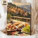 Mediterranean Village & Gourmet Brunch Painting Poster, Warm-toned Impressionist-style Poster, Inviting Sunlit Hillside Village With Delicious Food_maomaolike.com