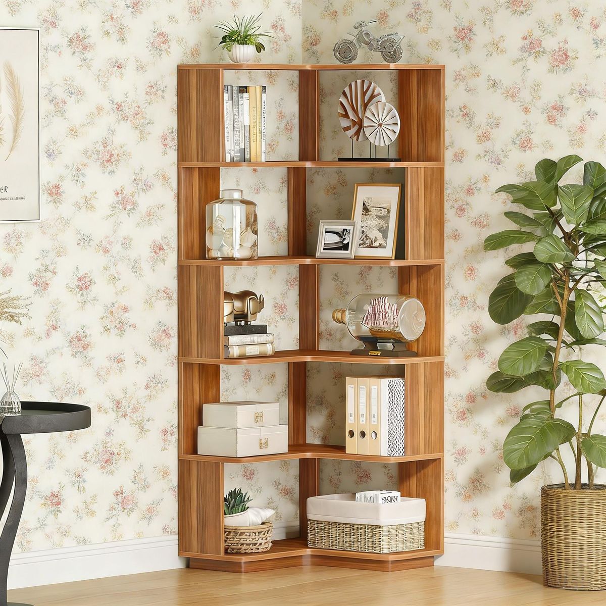 6-Tier Corner Bookshelf, 64.96" Corner Bookcase With Anti-Drop Panel_maomaolike.com
