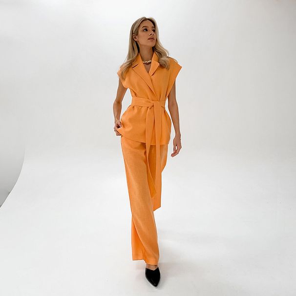 Women's Clothing Versatile vitality orange cotton and linen commuting street style sleeveless lace-up vest wide-leg pants suit_maomaolike.com