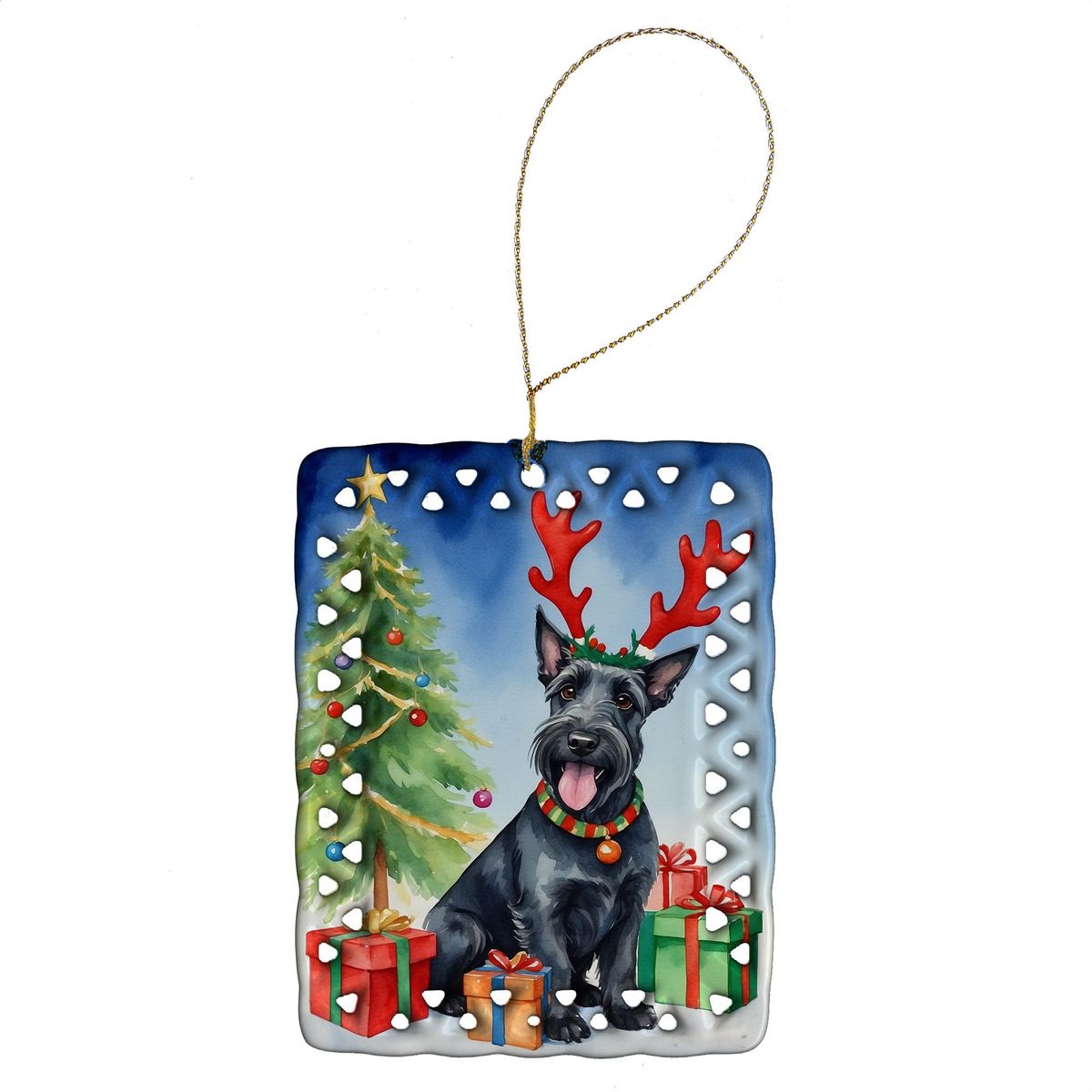 Scottish Terrier Christmas Reindeer Porcelain Ornament Christmas Tree Hanging Decorations For Home Christmas Holiday, Rectangle, Gift, Multicolor_maomaolike.com