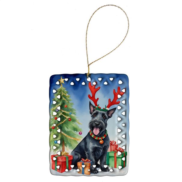 Scottish Terrier Christmas Reindeer Porcelain Ornament Christmas Tree Hanging Decorations For Home Christmas Holiday, Rectangle, Gift, Multicolor_maomaolike.com