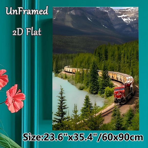 Mountain Railway Scenery Painting Poster, Vivid Riverside Forest & Snow-capped Mountain Scene Poster, Infuses Serene Natural Ambiance, Suitable For_maomaolike.com