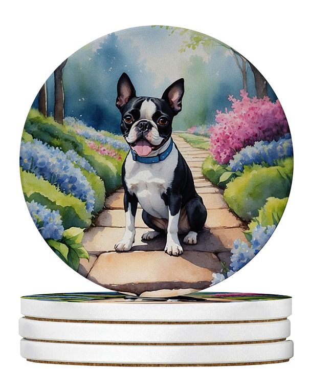 Boston Terrier Spring Path Large Sandstone Coasters Pack Of 4 Absorbent Round Coasters Decor Gifts For Men Or Women, 4 In, Multicolor_maomaolike.com