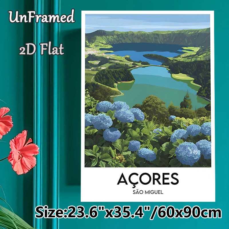 Azores São Miguel Lake & Hydrangea Painting Poster, Lush Scenic Landscape Poster, Serene Natural View Decor Ideal For Home, Living Room And Office_maomaolike.com