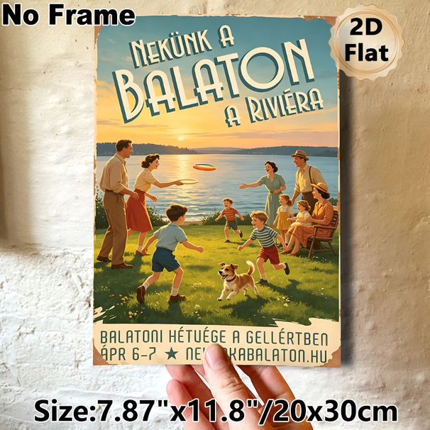 Lake Balaton Retro Gathering Painting Poster, Warm Vintage-style Lakeside Group Fun Scene Poster, Nostalgic Relaxing Wall Decor Idea For Living Room_maomaolike.com