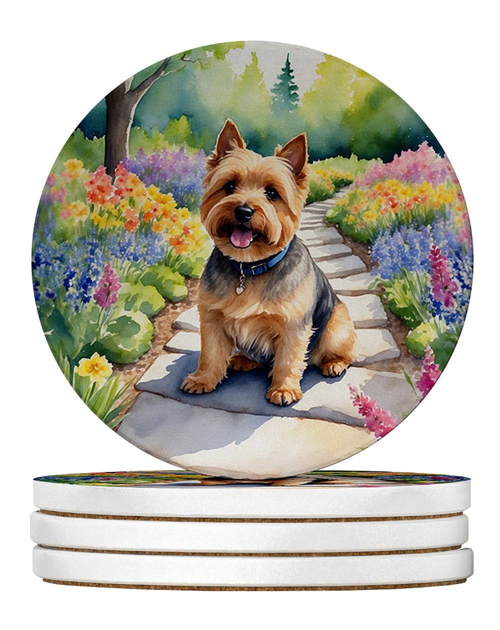 Norwich Terrier Spring Path Large Sandstone Coasters Pack Of 4 Absorbent Round Coasters Decor Gifts For Men Or Women, 4 In, Multicolor_maomaolike.com
