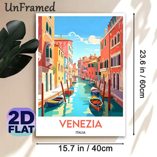 Venice Canal Themed Painting Poster, Vibrant Flat-style Colorful Waterway With Boats & Mediterranean Buildings Poster, Brings Warm Travel-inspired_maomaolike.com