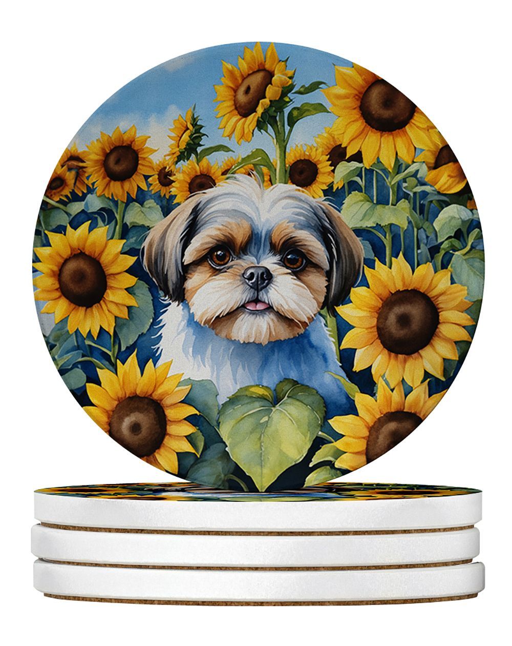 Shih Tzu In Sunflowers Large Sandstone Coasters Pack Of 4 Absorbent Round Coasters Decor Gifts For Men Or Women, 4 In, Multicolor_maomaolike.com