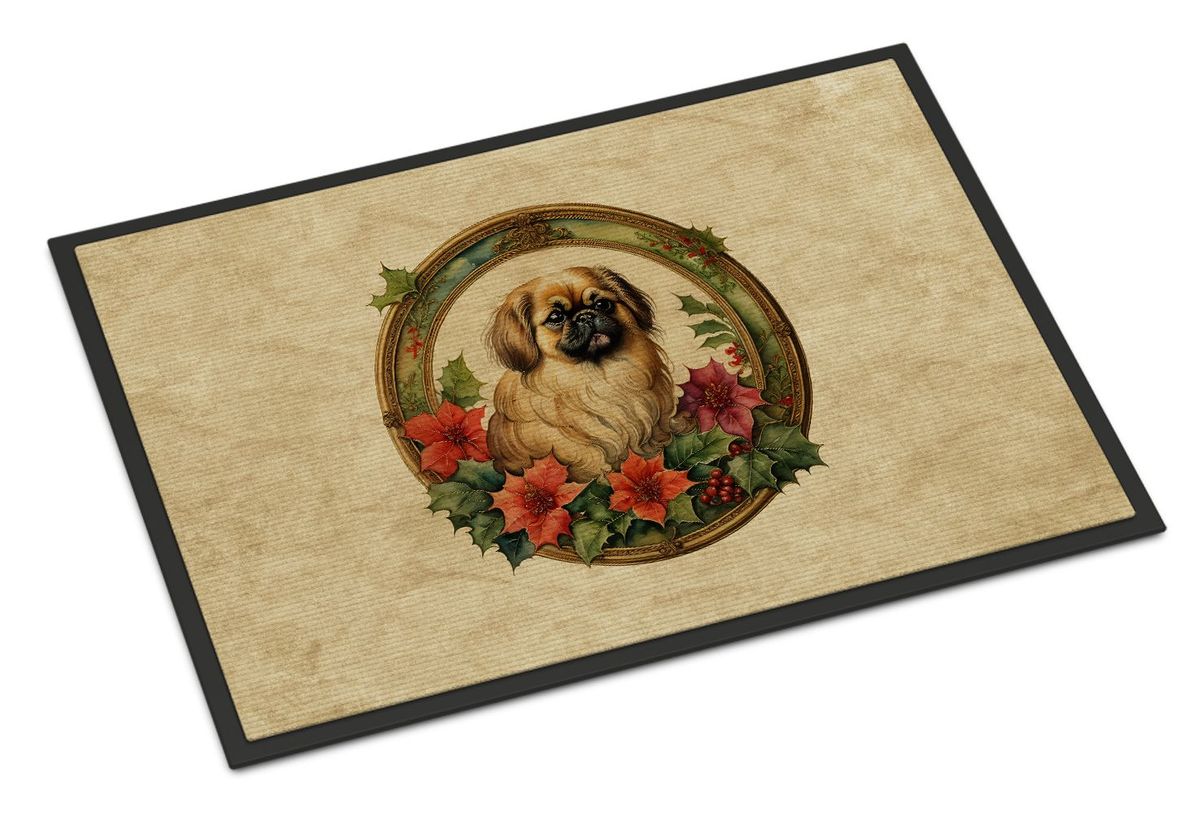 Pekingese Christmas Flowers Doormat Front Door Mat Indoor Outdoor Rugs For Entryway, Non Slip Washable Low Pile, 24H X 36W_maomaolike.com