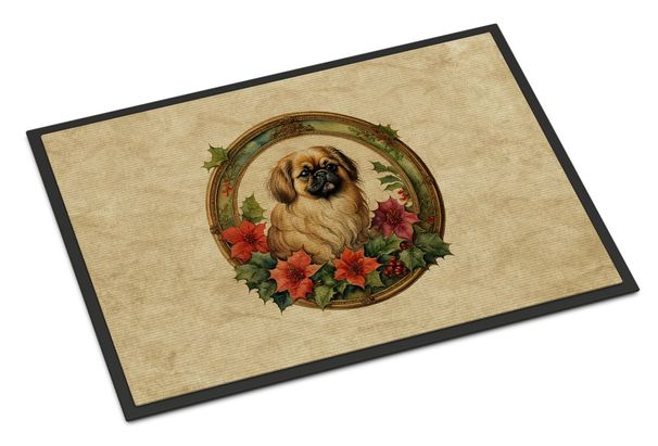 Pekingese Christmas Flowers Doormat Front Door Mat Indoor Outdoor Rugs For Entryway, Non Slip Washable Low Pile, 24H X 36W_maomaolike.com