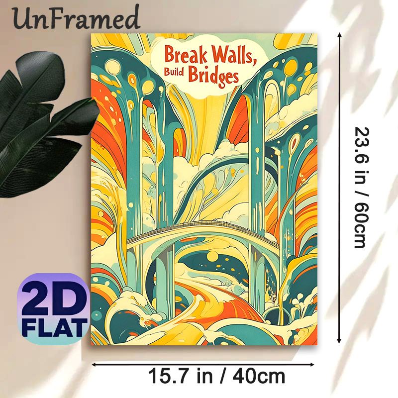 Break Walls Build Bridges Themed Inspirational Painting Poster, Vibrant Retro Art Style Poster, Colorful Flowing Patterns With Motivational Quote_maomaolike.com