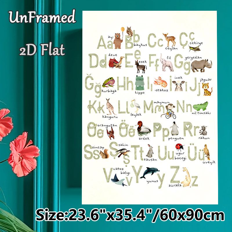 Turkish Alphabet Animal Painting Poster, Soft Watercolor Illustrated Alphabet With Matching Animals Poster, Educational Wall Decor Ideal For Home_maomaolike.com