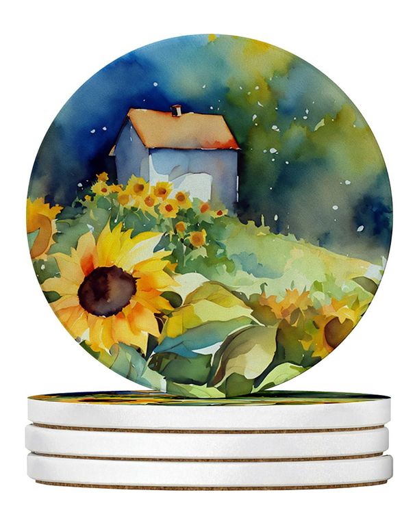 Sunflowers In Watercolor Large Sandstone Coasters Pack Of 4 Absorbent Round Coasters Decor Gifts For Men Or Women, 4 In, Multicolor_maomaolike.com