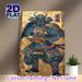 Oni Samurai Painting Poster, Vintage Traditional Japanese Style Poster, Detailed Armored Horned Oni Samurai With Golden Swirling Patterns, Cultural_maomaolike.com