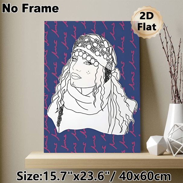 Stylized Boho Figure Painting Poster, Minimalist Line Art Portrait Poster, Artistic Design With Decorative Beaded Headwrap And Wavy Hair, Suitable For_maomaolike.com