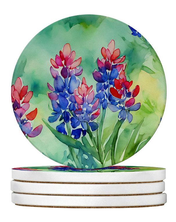 Texas Bluebonnets In Watercolor Large Sandstone Coasters Pack Of 4 Absorbent Round Coasters Decor Gifts For Men Or Women, 4 In, Multicolor_maomaolike.com