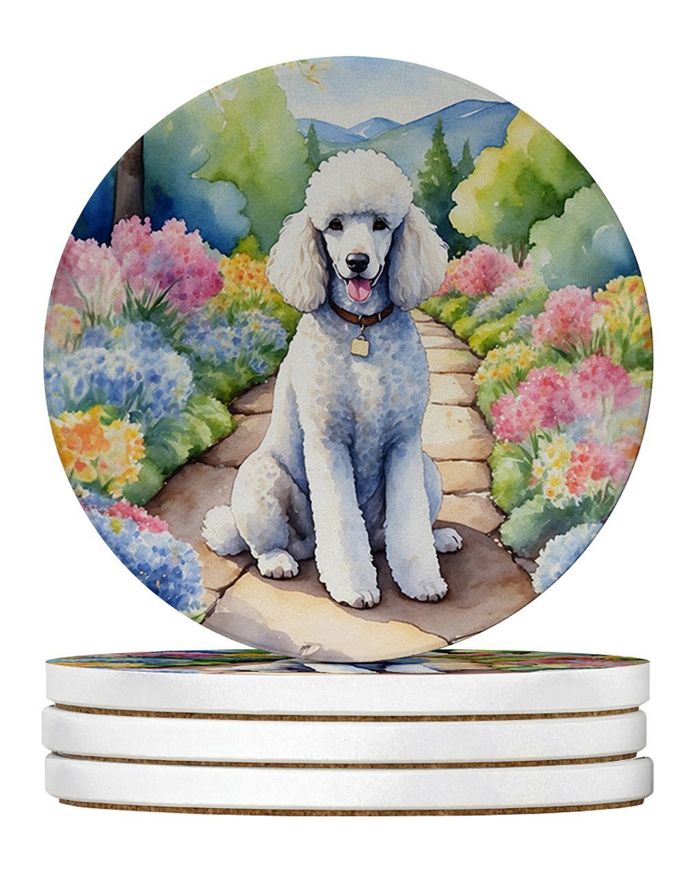 White Poodle Spring Path Large Sandstone Coasters Pack Of 4 Absorbent Round Coasters Decor Gifts For Men Or Women, 4 In, Multicolor_maomaolike.com