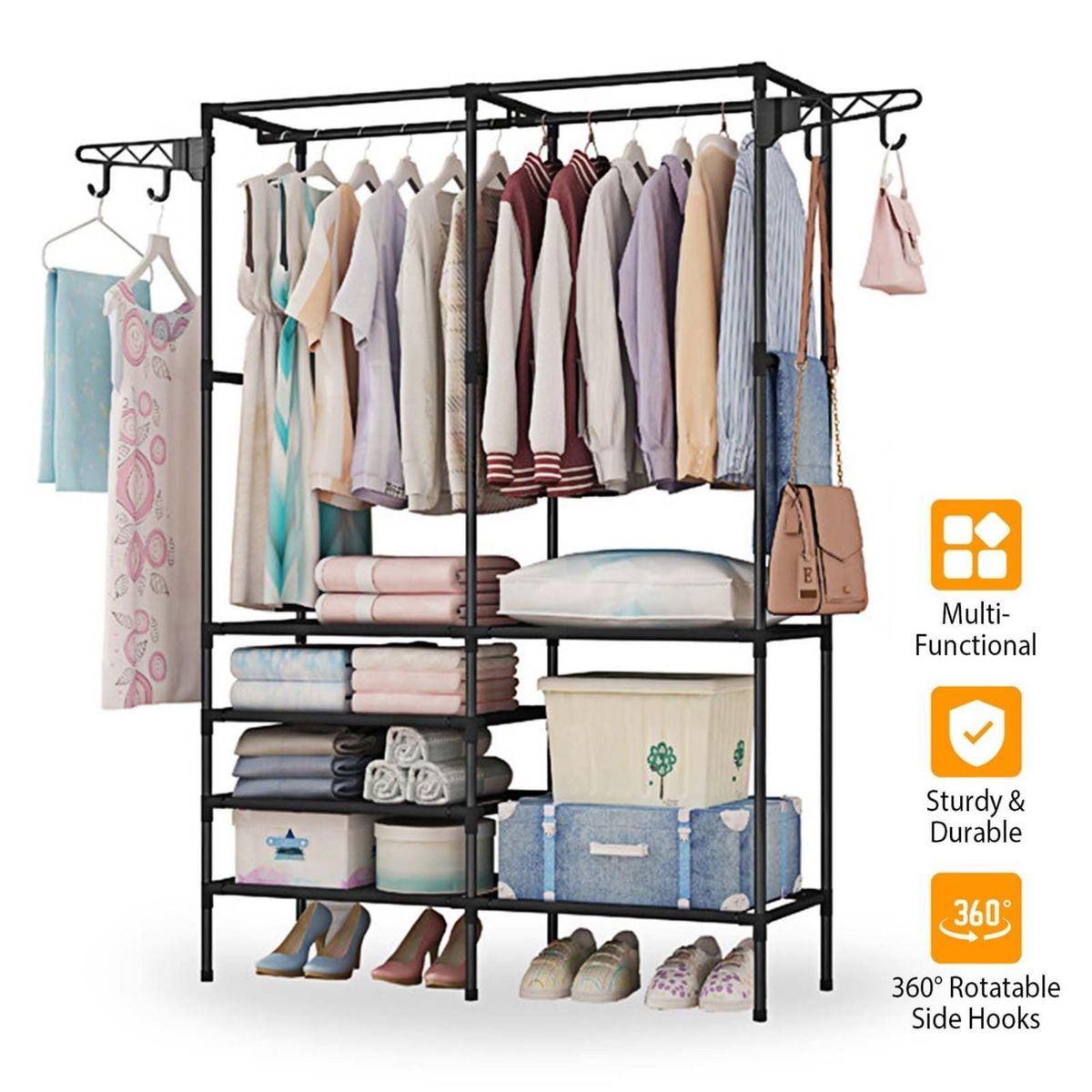Clothing Rack Clothes Rack, 66'' Multifunctional Garment Rack For Hanging Clothes, 4 Tiers Portable Closet Rack With 4 Hooks & 2 Hanging Rods, Coated Metal Freestanding Closet Wardrobe System, Black_maomaolike.com