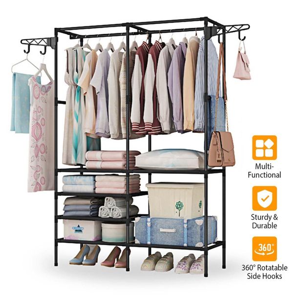 Clothing Rack Clothes Rack, 66'' Multifunctional Garment Rack For Hanging Clothes, 4 Tiers Portable Closet Rack With 4 Hooks & 2 Hanging Rods, Coated Metal Freestanding Closet Wardrobe System, Black_maomaolike.com