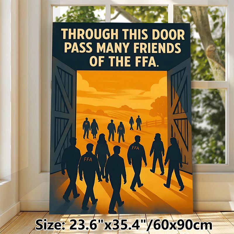 FFA Friends Themed Painting Poster, Warm-toned Vintage Silhouette Farm Door Scene Poster, Highlights FFA Community Bonds, Ideal For Farmhouse, Club_maomaolike.com
