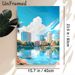 Waterfront City Skyline Painting Poster, Vibrant Flat-style Urban Scene Poster, Peaceful Lakeside City View With Clear Reflections, Suitable For Home_maomaolike.com