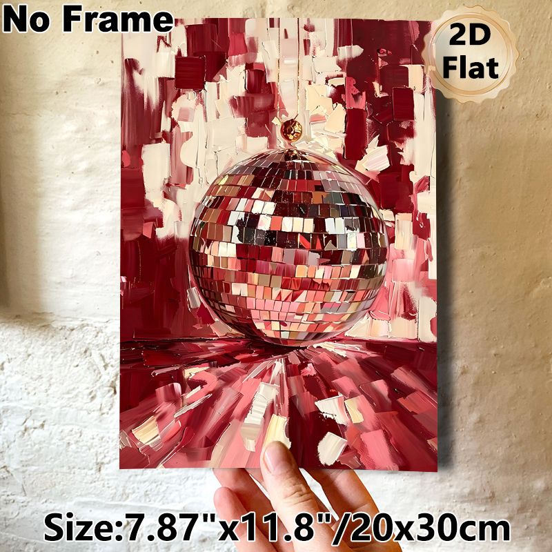 Disco Ball Painting Poster, Textured Palette Knife Style Poster, Vibrant Red-toned Retro Disco Decor Ideal For Living Room, Bar Or Entertainment Space_maomaolike.com