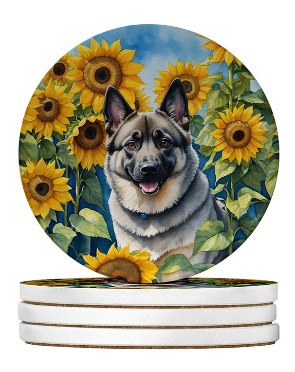 Norwegian Elkhound In Sunflowers Large Sandstone Coasters Pack Of 4 Absorbent Round Coasters Decor Gifts For Men Or Women, 4 In, Multicolor_maomaolike.com