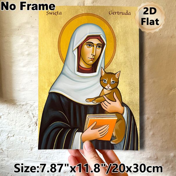Saint Gertrude Religious Painting Poster, Traditional Icon-style Poster Featuring Saint Gertrude With Cat & Book, Serene Devotional Decor Ideal For_maomaolike.com