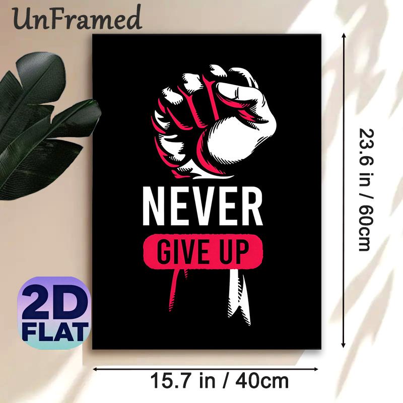 Motivational Fist Painting Poster, Bold Graphic Black, White & Red Fist With "Never Give Up" Text Poster, Inspirational Wall Decor For Home Office_maomaolike.com
