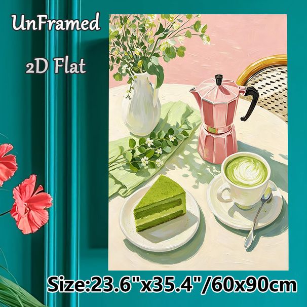 Matcha Afternoon Tea Painting Poster, Warm-toned Oil-style Still Life Poster, Soft Cozy Atmosphere Ideal For Cafe, Kitchen And Dining Area_maomaolike.com