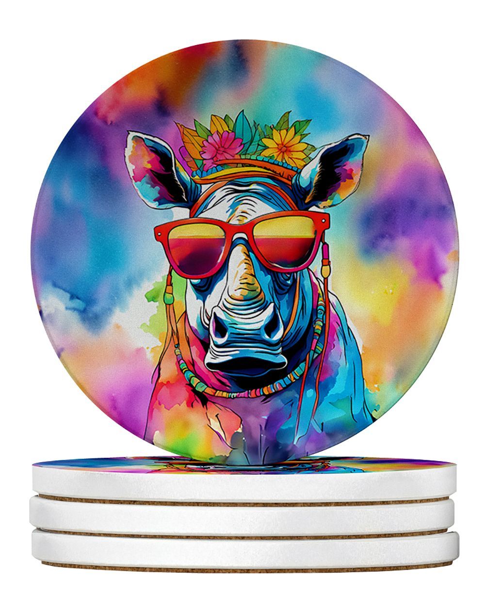 Hippie Animal Rhinoceros Large Sandstone Coasters Pack Of 4 Absorbent Round Coasters Decor Gifts For Men Or Women, 4 In, Multicolor_maomaolike.com