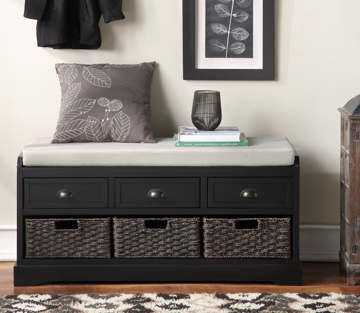 Homes Collection Wood Storage Bench With 3 Drawers And 3 Baskets_maomaolike.com