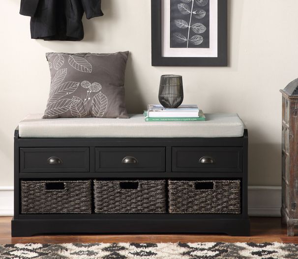 Homes Collection Wood Storage Bench With 3 Drawers And 3 Baskets_maomaolike.com