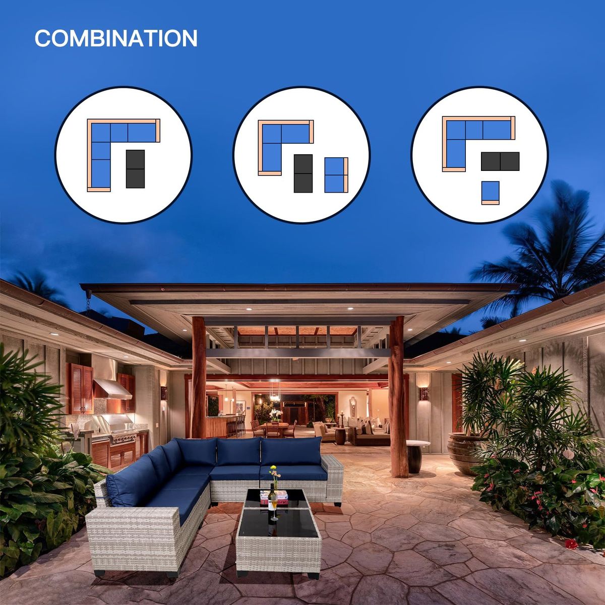 7-Piece Outdoor Patio Furniture Sets, All-Weather Wicker Rattan Sectional Sofa, Modern Two Glass Coffee Table And Washable Seat Cushion(Grey White-Blue)_maomaolike.com