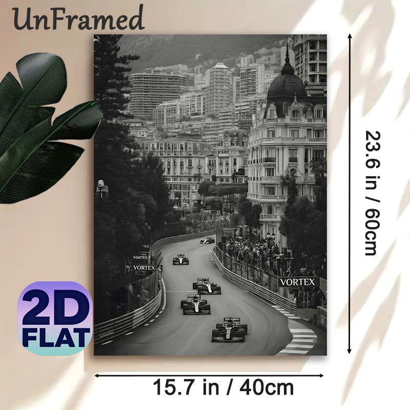 Formula 1 Racing Themed Painting Poster, Vintage Monochrome Urban Race Track Scene Poster, Dynamic Racing Action Display Ideal For Man Cave, Living_maomaolike.com