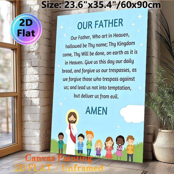 Our Father Prayer Painting Poster, Warm Cartoon-style Poster With Classic Prayer Text And Praying Figures, Gentle Religious Decor Ideal For Church_maomaolike.com