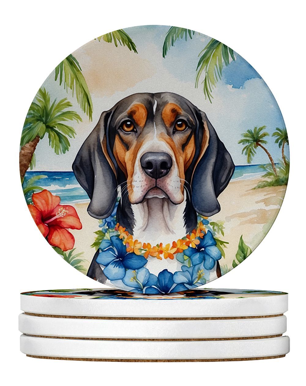 American English Coonhound Luau Large Sandstone Coasters Pack Of 4 Absorbent Round Coasters Decor Gifts For Men Or Women, 4 In, Multicolor_maomaolike.com