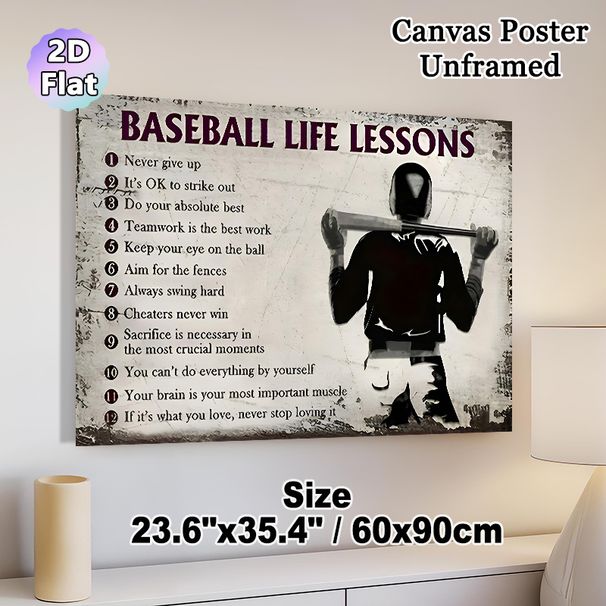 Baseball Life Lessons Painting Poster, Vintage Distressed Style Poster, Inspirational Motivational Quotes With Baseball Player Silhouette, Suitable_maomaolike.com