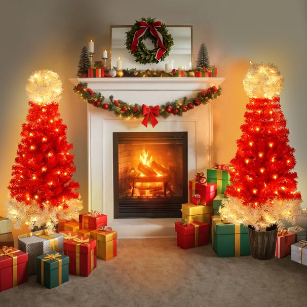 Lighted Santa Hat Style Christmas Tree Set Of 2, 4ft Artificial Tree With Warm White Lights, Christmas Tree For Decoration Inside And Outside_maomaolike.com