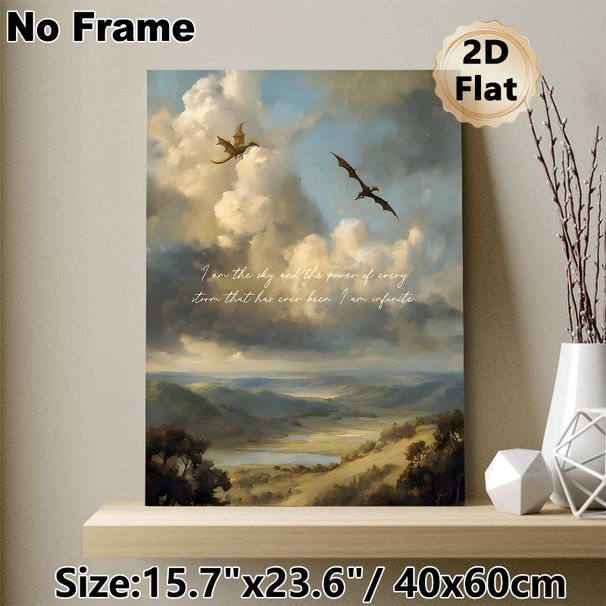 Dragon & Scenic Landscape Painting Poster, Dreamy Atmospheric Oil-painting Style Poster, With Inspiring Motivational Quote And Soaring Dragons Over_maomaolike.com