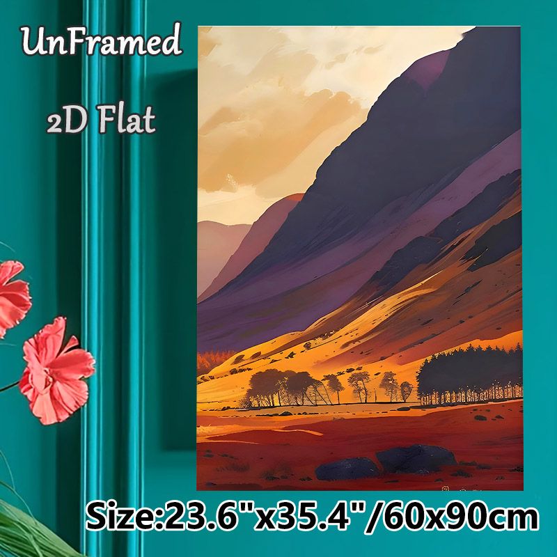 Mountain Sunset Landscape Painting Poster, Warm-toned Artistic Hills With Silhouetted Trees Poster, Calming Scenic Decor Suitable For Living Room_maomaolike.com