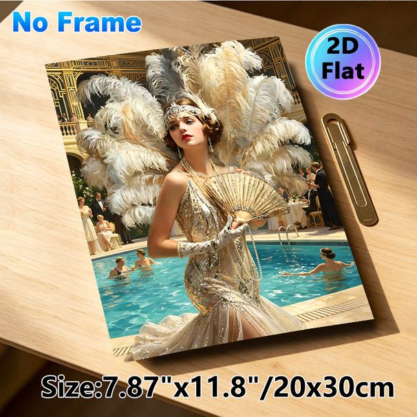 Roaring 20s Gatsby Style Painting Poster, Lavish Vintage Glamorous Flapper Lady Poster, With Glittering Gown & Grand Feather Decor, Elegant Retro_maomaolike.com