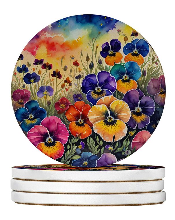 Colorful Pansies Large Sandstone Coasters Pack Of 4 Absorbent Round Coasters Decor Gifts For Men Or Women, 4 In, Multicolor_maomaolike.com