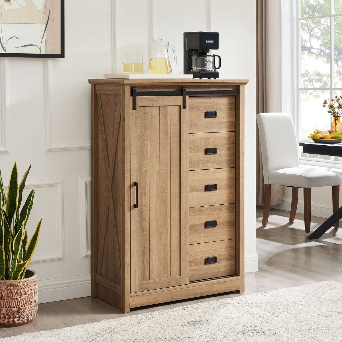 5 Drawers Dresser W/Sliding Barn Door, Farmhouse Modern Tall Dresser 5 Chest Of Drawers, Storage Organizer Dresser For Bedroom, Hallway, Living Room, Kids Room WHITE_maomaolike.com