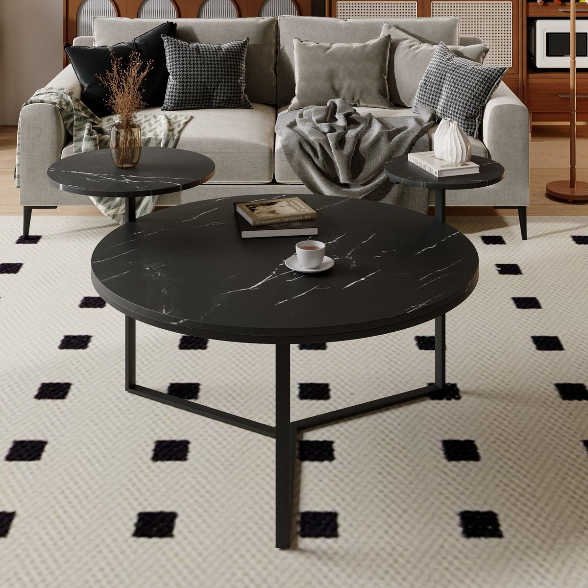 Modern Coffee Table With Two Display Shelves, Black Marble Surfaces, Tripod-inspired Base,Rounded Tabletop Edges_maomaolike.com