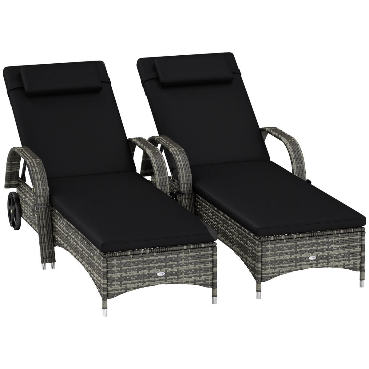 2 Reclining Chaise Lounge Chairs, Rolling Outdoor Chairs With Cushion, Pillow, Headrest, Armrests, And Wheels, Black_maomaolike.com