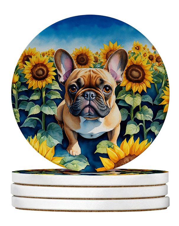 French Bulldog In Sunflowers Large Sandstone Coasters Pack Of 4 Absorbent Round Coasters Decor Gifts For Men Or Women, 4 In, Multicolor_maomaolike.com
