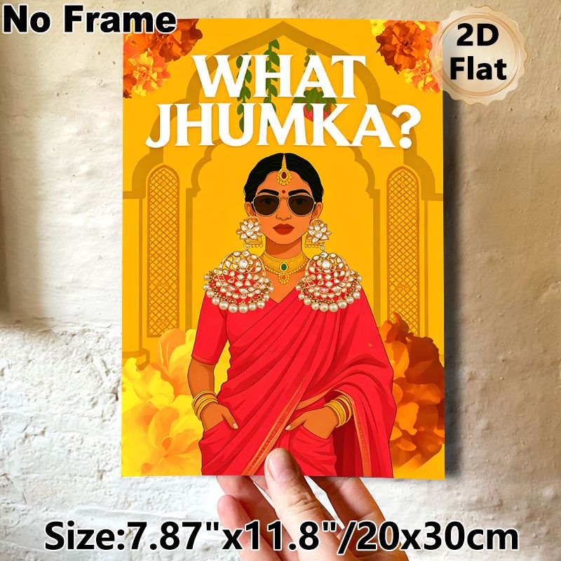 Indian Jhumka Themed Painting Poster, Bold Vibrant Cartoon Style Poster, Stylish Figure In Red Sari With Ornate Jhumkas, Warm Marigold & Arch_maomaolike.com