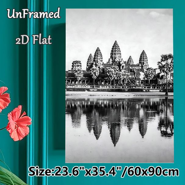 Angkor Wat Themed Painting Poster, Vintage Monochrome Historic Temple With Water Reflection Poster, Brings Cultural Sophistication To Living Room_maomaolike.com