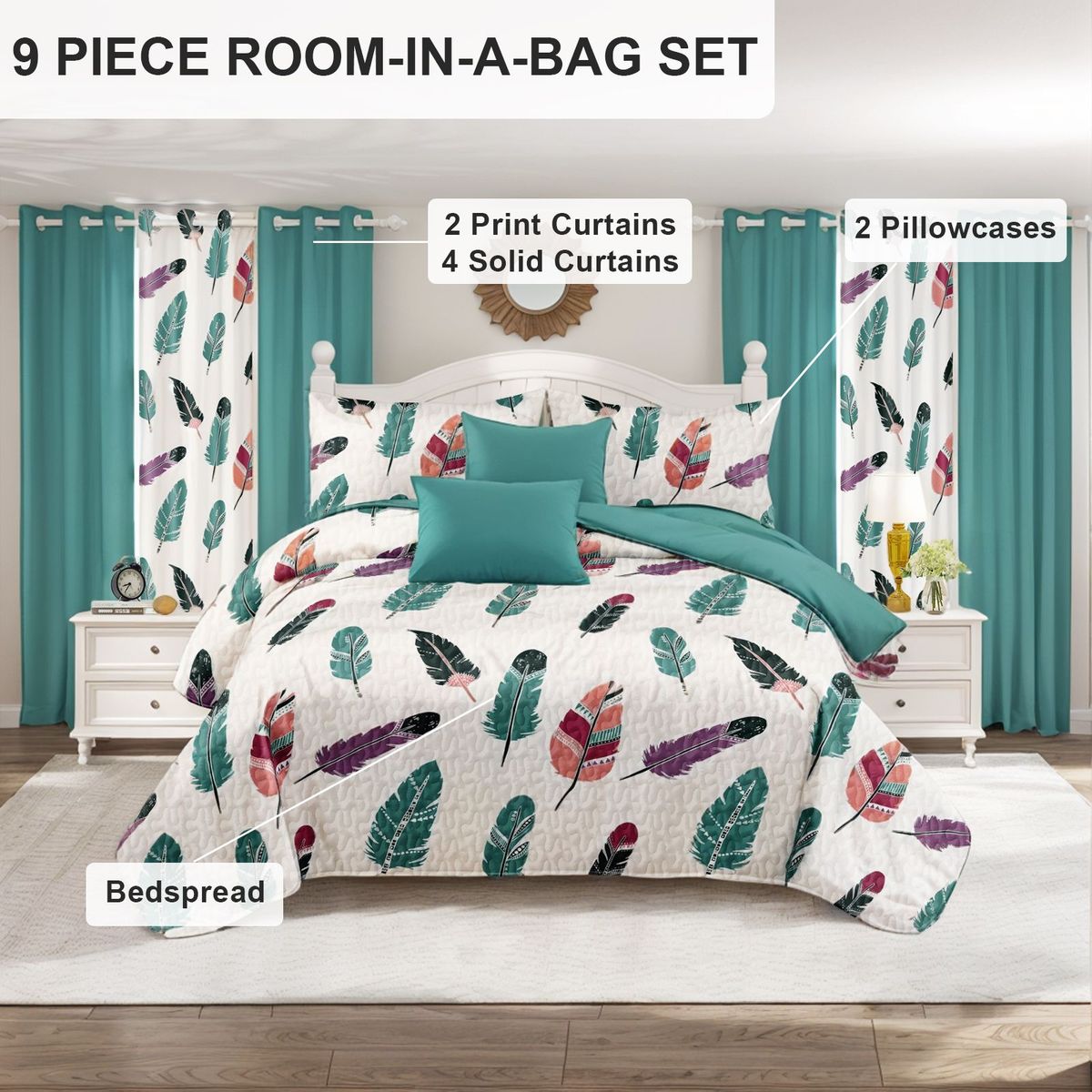 9 Piece Soft All-Season Washed Microfiber Cover Set , Queen/King/Calking Bedding Set With Pillowcases,Bedspread Print Curtains & Solid Curtains,Print, Moisture-Wicking, Soft ,Cooling, Easy Care_maomaolike.com